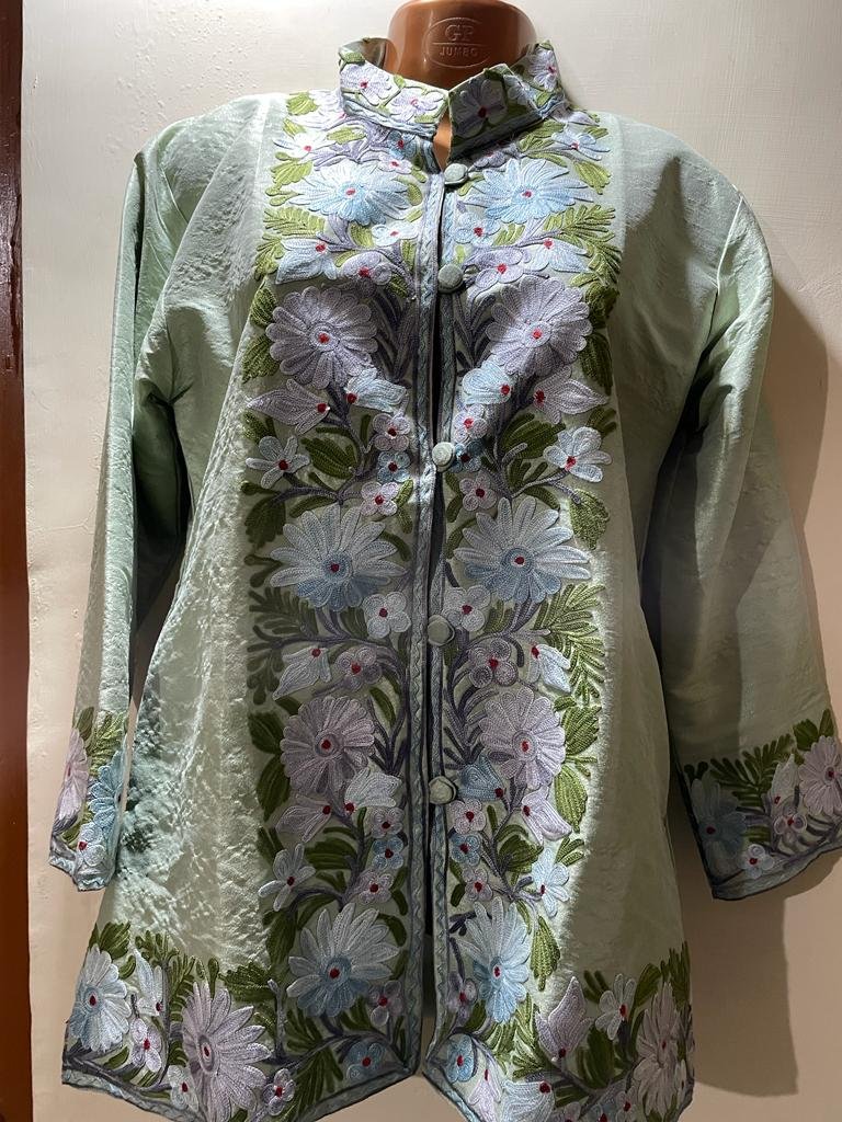 Green Kashmiri Short Jacket With Floral Work In Silk Kasheer Online