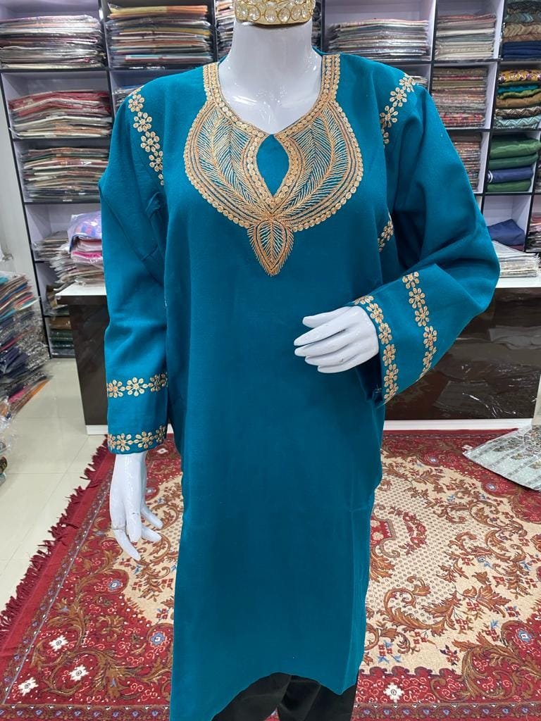 Blue Color Woolen Pheran with Kashmiri Design Tilla Work - Kasheer Online