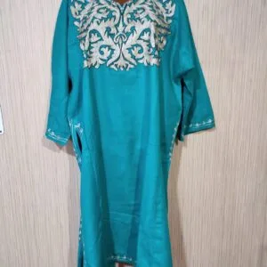 Blue Colour Raffle wool Pheran with Tilla Work