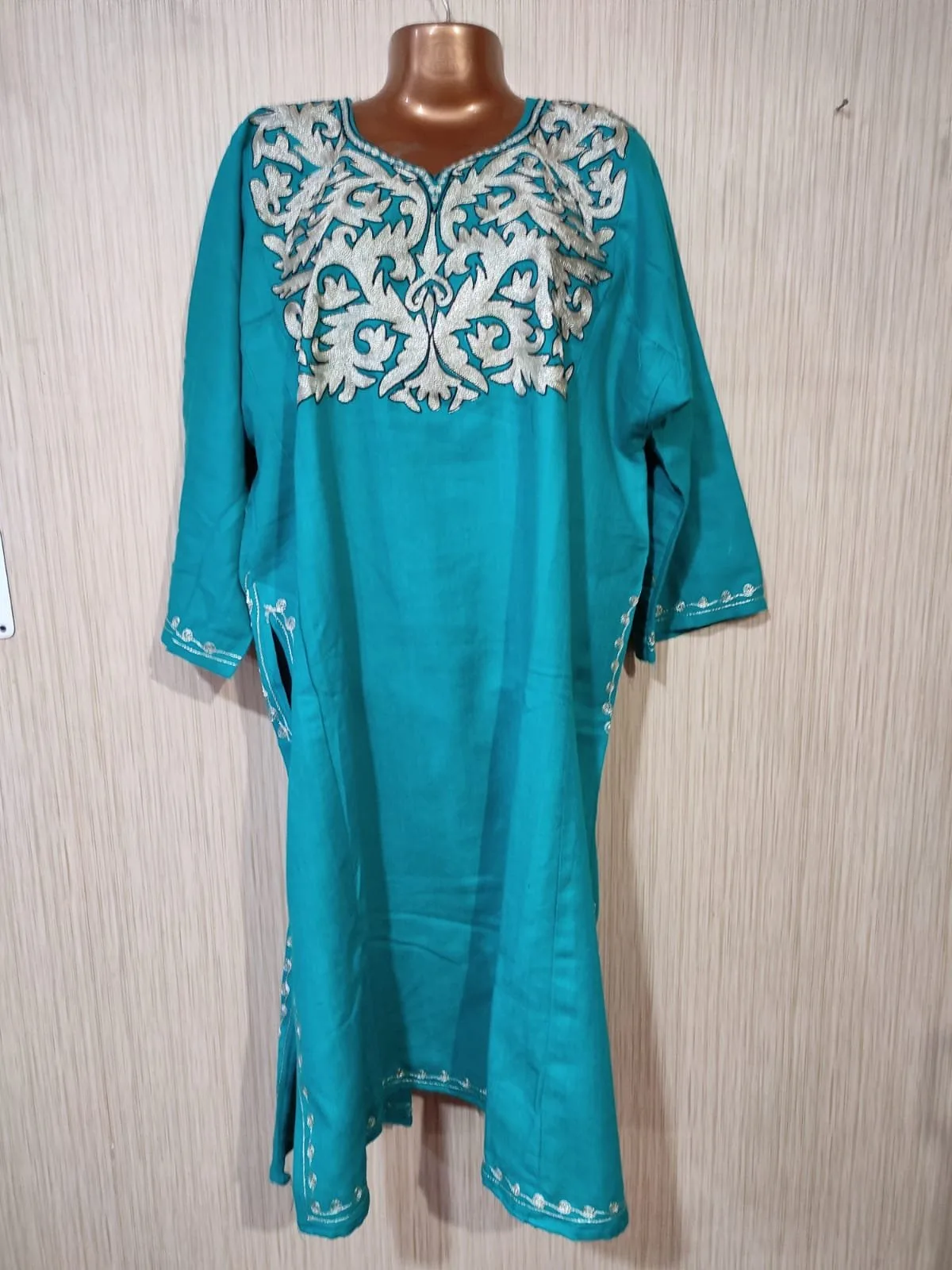 Blue Colour Raffle wool Pheran with Tilla Work
