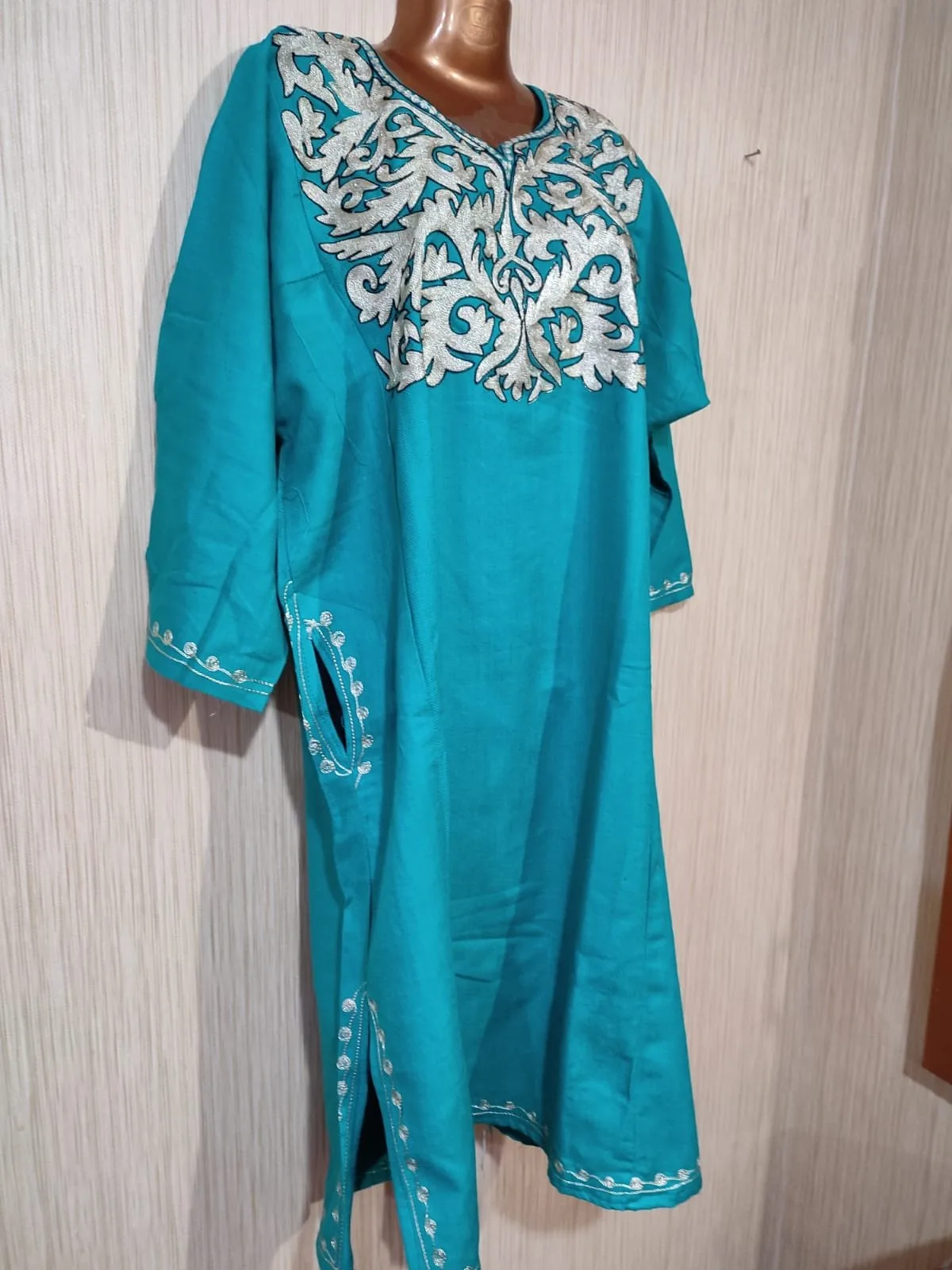 Blue Colour Raffle wool Pheran with Tilla Work - Image 5