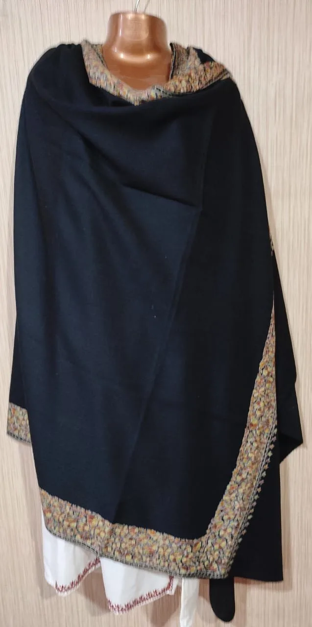 Pashmina Kashmiri Shawl Black, Border Embroidery Work - Image 2