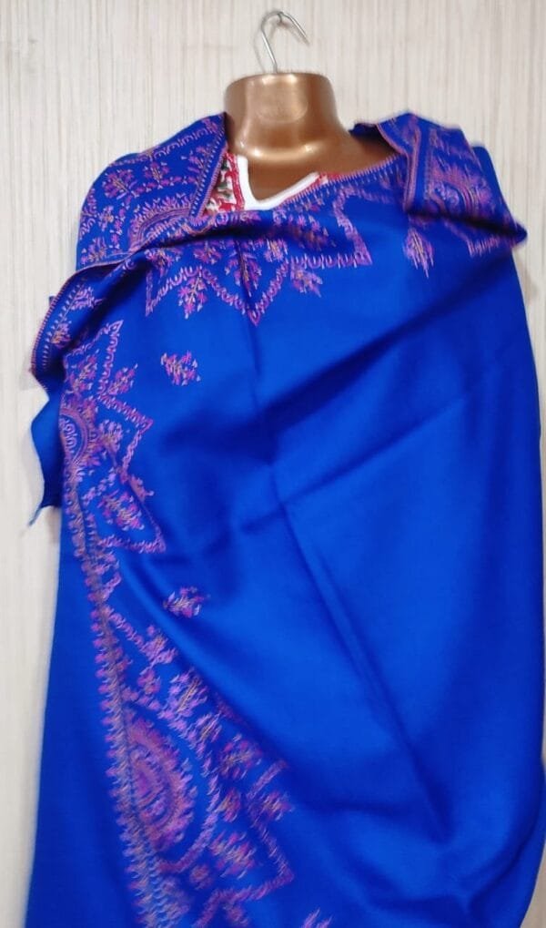 Semi Pashmina Kashmiri Shawl Blue, Full Jalidaar Embroidery Work - Image 3