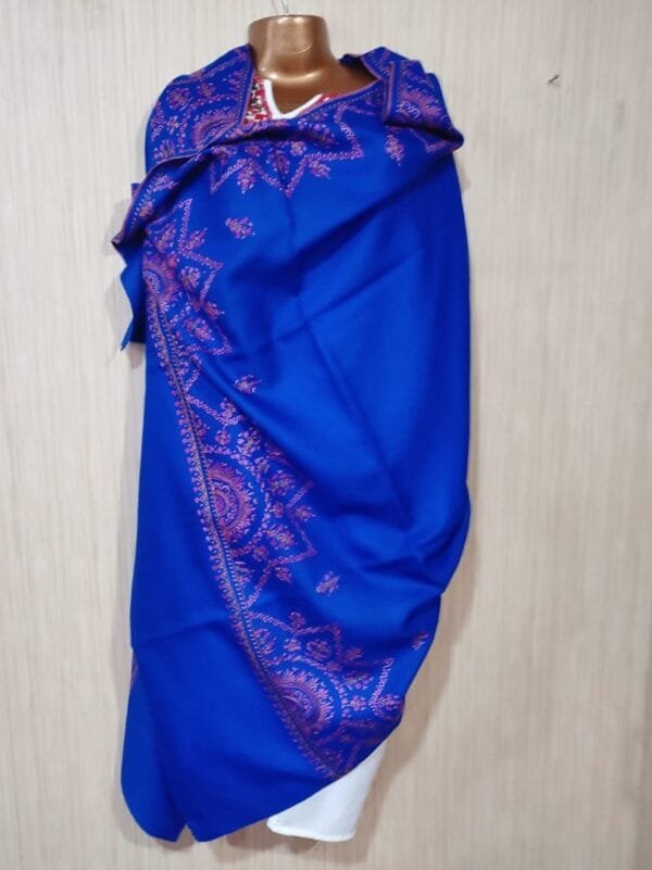 Semi Pashmina Kashmiri Shawl Blue, Full Jalidaar Embroidery Work - Image 2