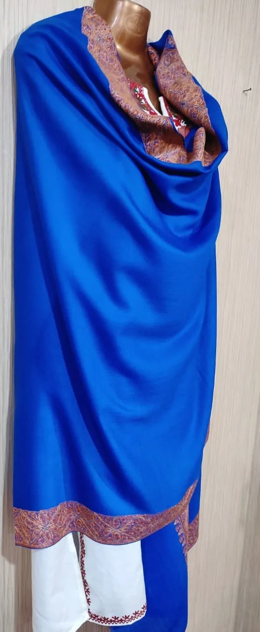 Royal Blue Semi Pashmina Kashmiri Shawl, Doordaar Embroidery Work - Image 5