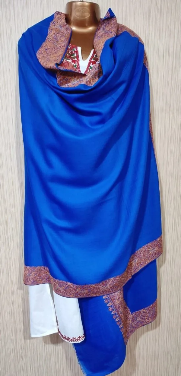 Royal Blue Semi Pashmina Kashmiri Shawl, Doordaar Embroidery Work - Image 3