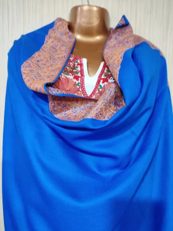 Royal Blue Semi Pashmina Kashmiri Shawl, Doordaar Embroidery Work - Image 4