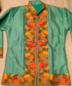 Green Kashmiri Short Jacket with Floral Work in Silk
