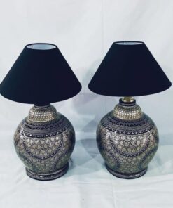 Papier Mache Bedside Lamp Pair with Shades