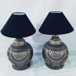 Papier Mache Bedside Lamp Pair with Shades