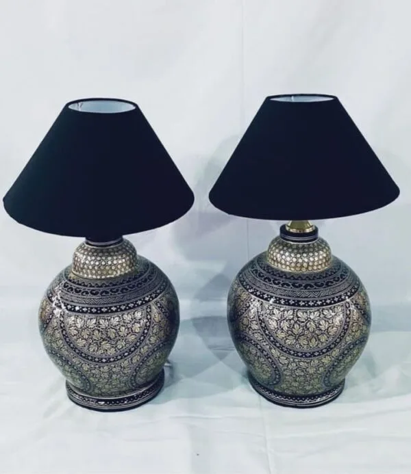 Papier Mache Bedside Lamp Pair with Shades