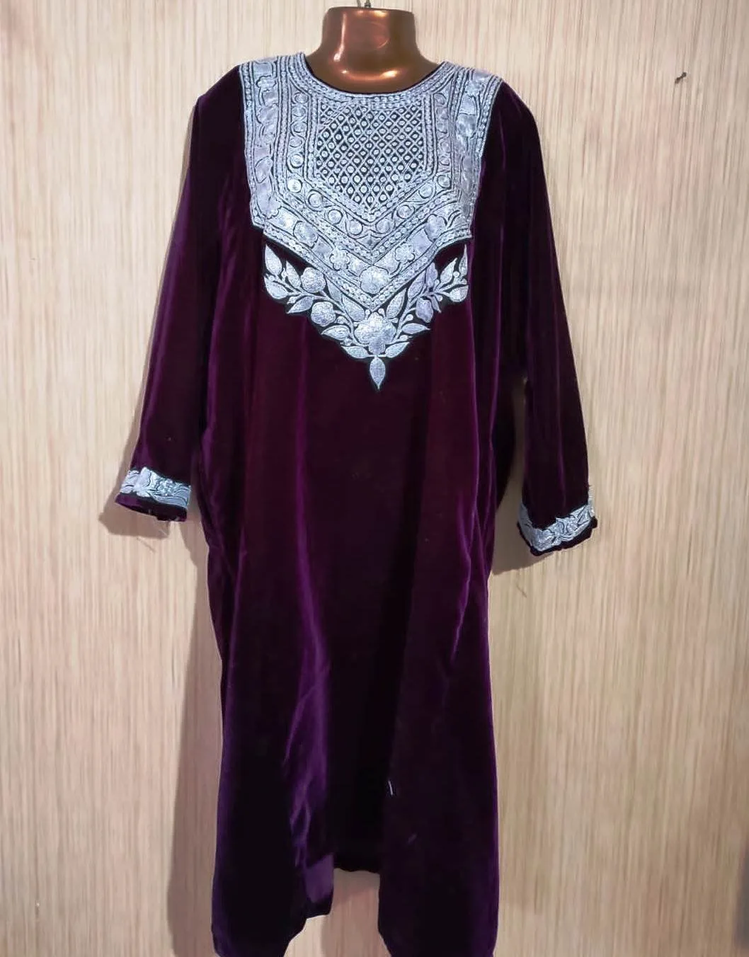Ruby Red Velvet Pheran with Kashmiri Hand Tilla Work - Image 2