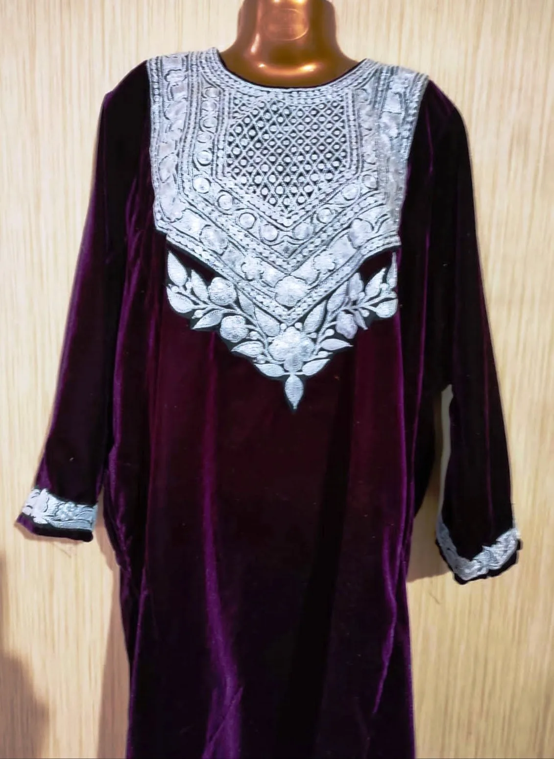 Ruby Red Velvet Pheran with Kashmiri Hand Tilla Work - Image 6