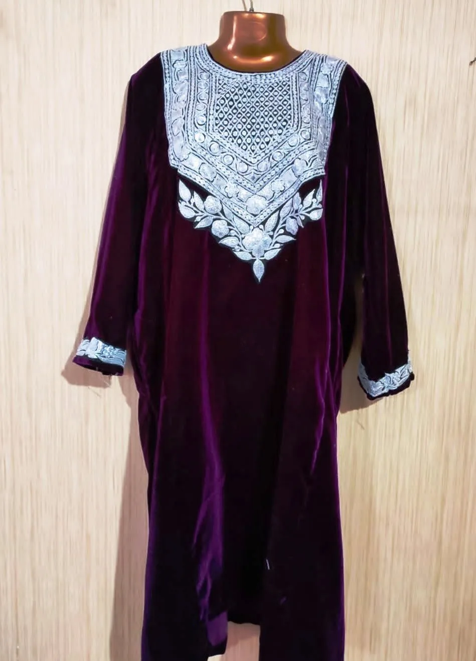 Ruby Red Velvet Pheran with Kashmiri Hand Tilla Work - Image 5
