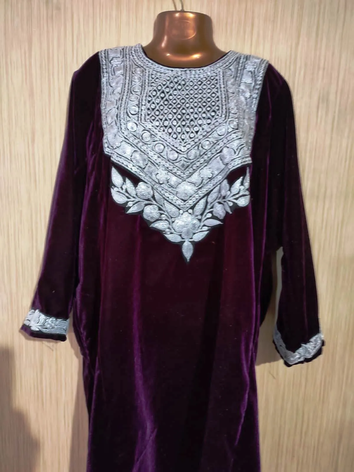 Ruby Red Velvet Pheran with Kashmiri Hand Tilla Work - Image 4