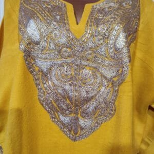 Yellow Colour Raffle wool Pheran with Tilla Work