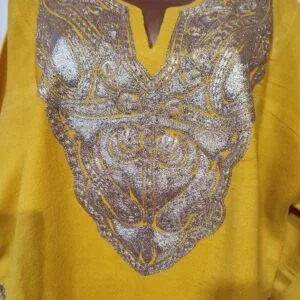 Yellow Colour Raffle wool Pheran with Tilla Work
