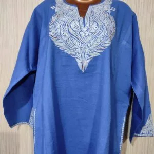 Blue Raffle wool Pheran with Tilla Work