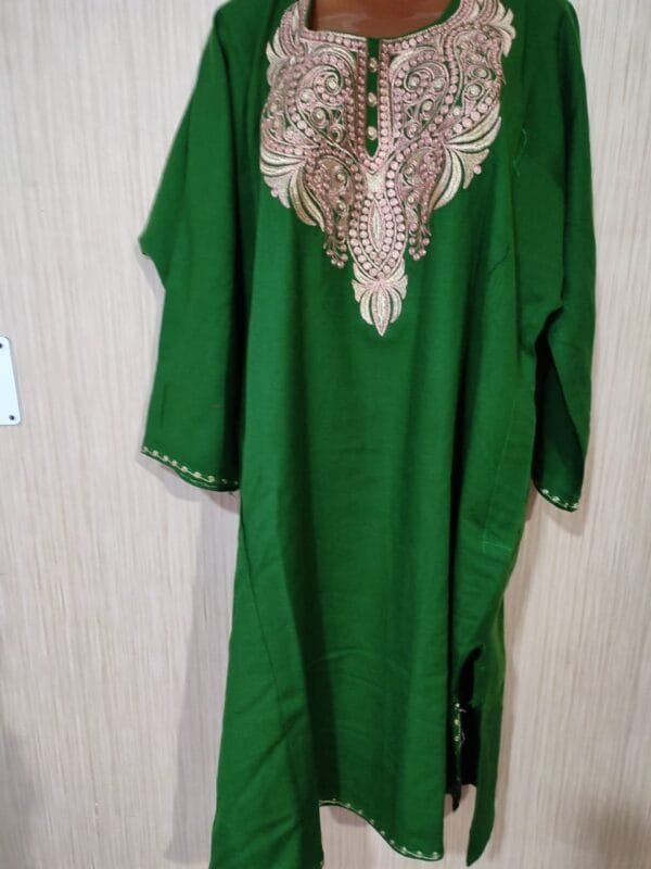 Green Raffle wool Pheran with Tilla Work - Image 10