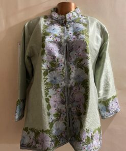 Almond White Kashmiri Short Jacket with Floral Work in Silk