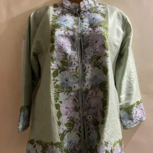 Almond White Kashmiri Short Jacket with Floral Work in Silk