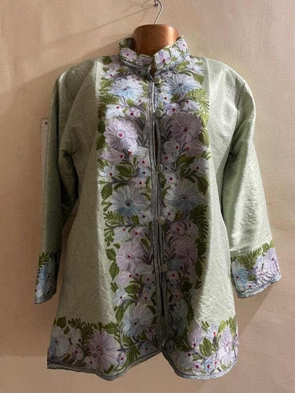 Almond White Kashmiri Short Jacket with Floral Work in Silk