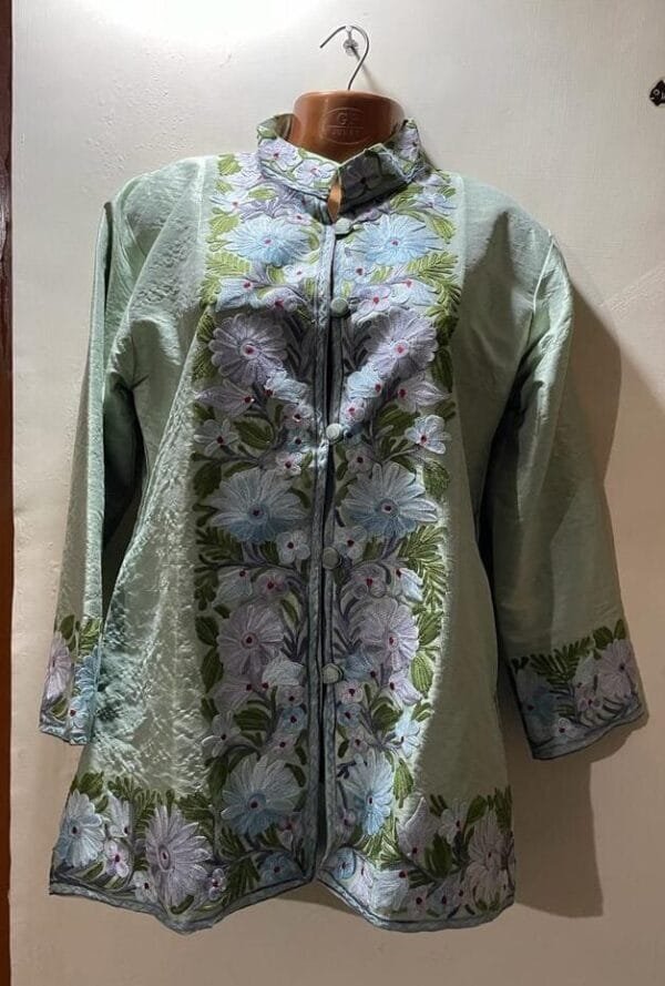 Almond White Kashmiri Short Jacket with Floral Work in Silk - Image 3