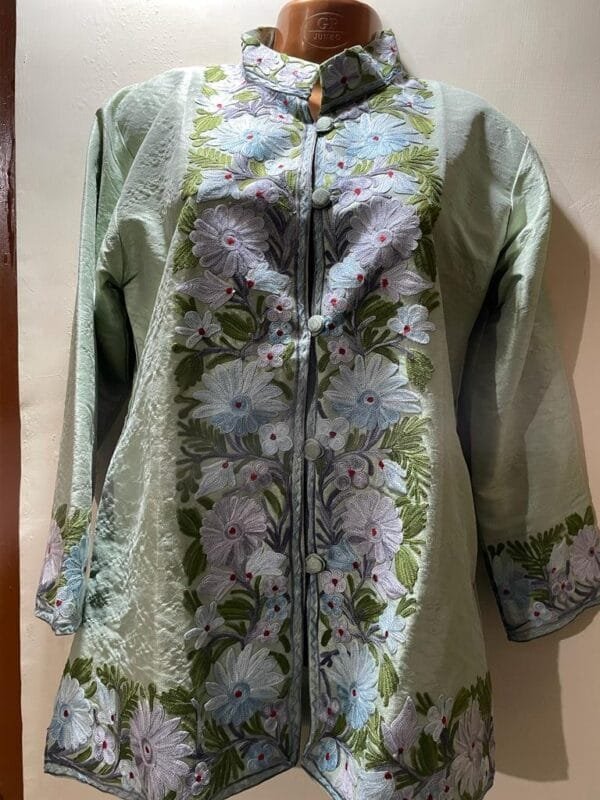 Almond White Kashmiri Short Jacket with Floral Work in Silk - Image 2