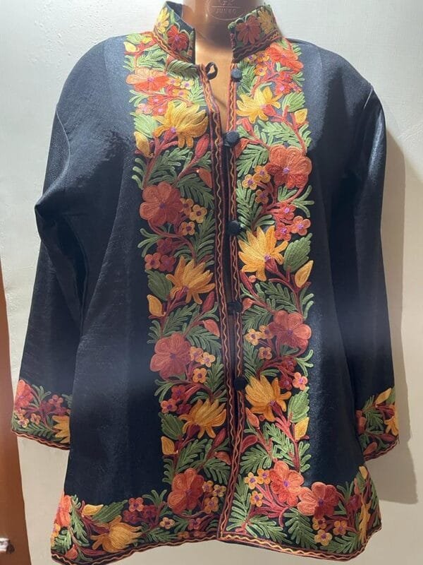 Blue Kashmiri Short Jacket with Floral Work in Silk - Image 5