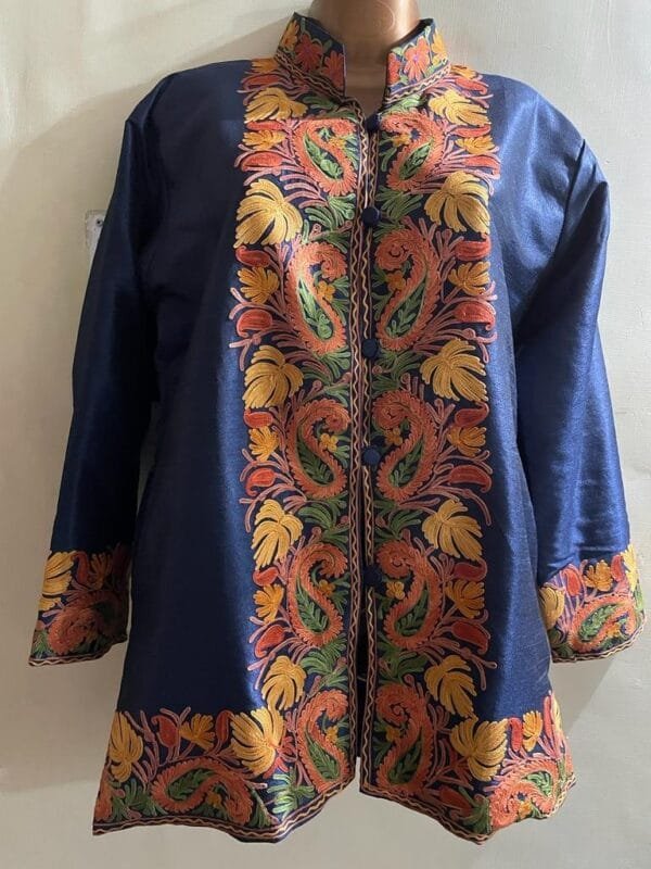 Blue Kashmiri Short Jacket with Floral Work in Silk