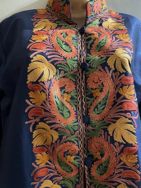 Blue Kashmiri Short Jacket with Floral Work in Silk - Image 3