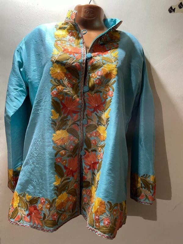 Cyan Kashmiri Short Jacket with Floral Work in Silk - Image 2