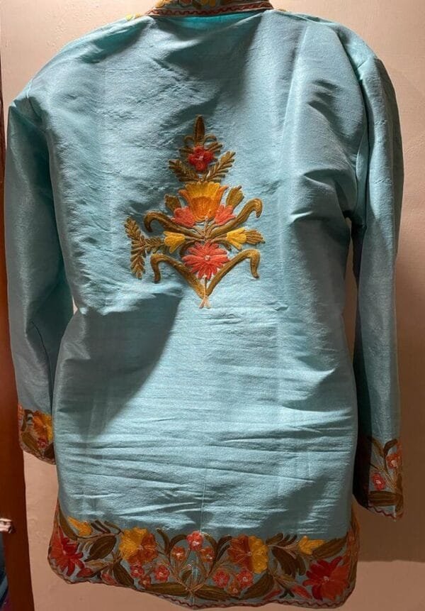 Cyan Kashmiri Short Jacket with Floral Work in Silk - Image 3