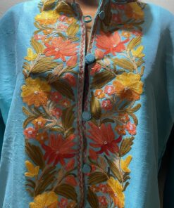 Cyan Kashmiri Short Jacket with Floral Work in Silk