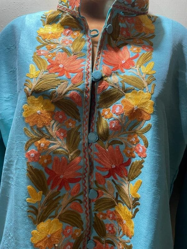 Cyan Kashmiri Short Jacket with Floral Work in Silk