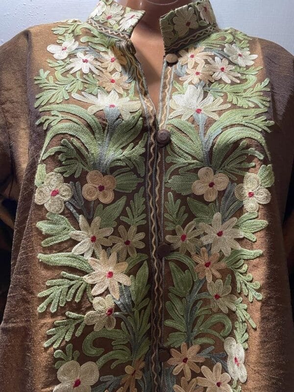 Golden Kashmiri Short Jacket with Floral Work in Silk