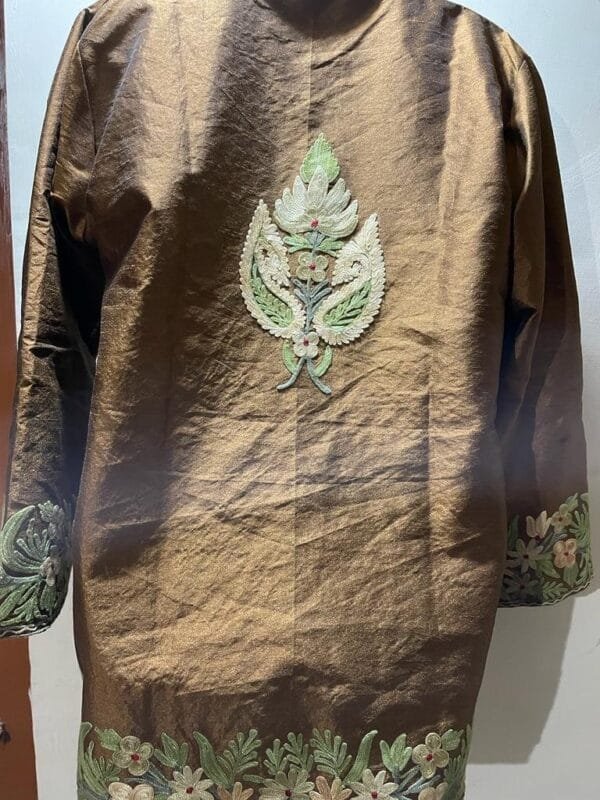 Golden Kashmiri Short Jacket with Floral Work in Silk - Image 3