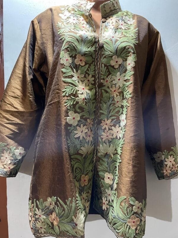 Golden Kashmiri Short Jacket with Floral Work in Silk - Image 2