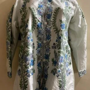 White Kashmiri Short Jacket with Floral Work in Silk