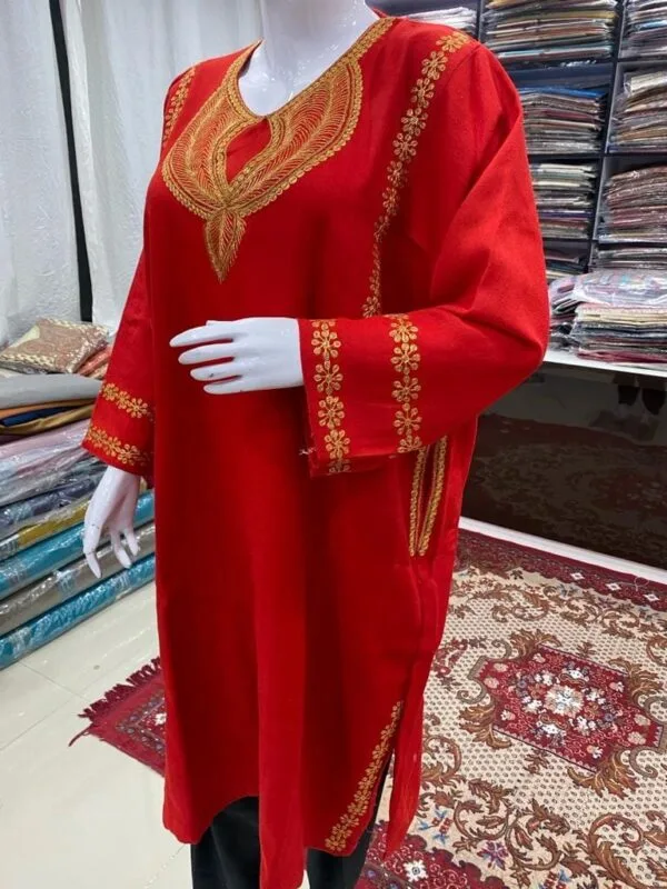 Red Woolen Pheran with Kashmiri Design Tilla Work - Image 2