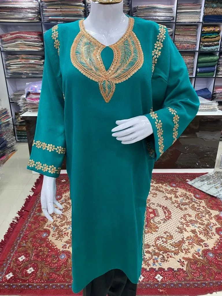 Turquoise Color Woolen Pheran with Kashmiri Design Tilla Work