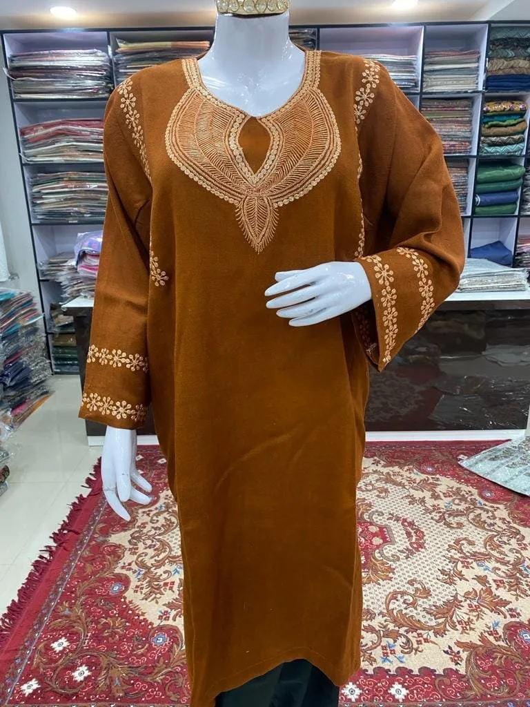 Amber Color Woolen Pheran with Kashmiri Design Tilla Work