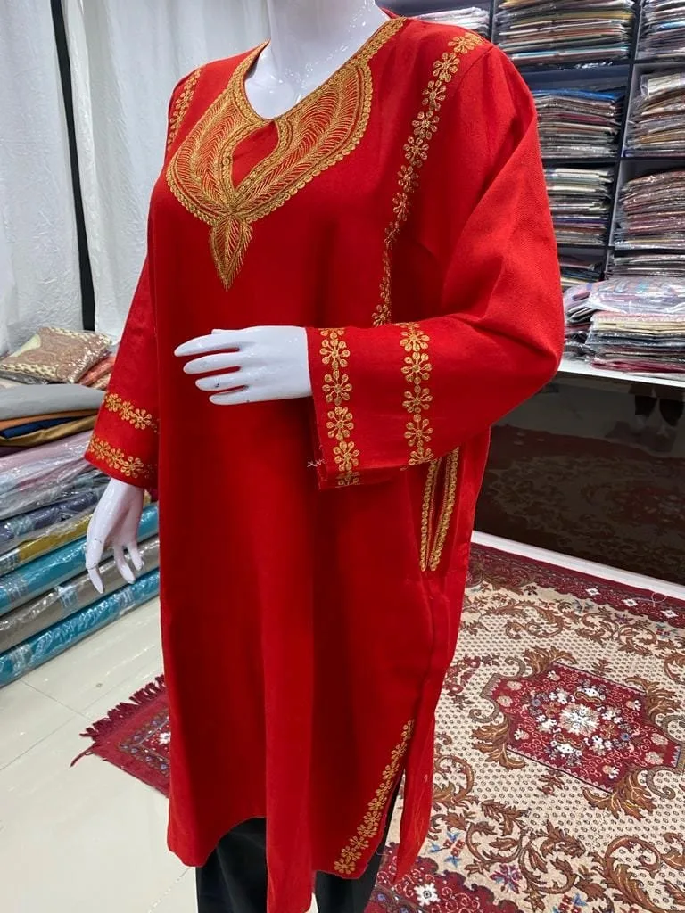 Red Color Woolen Pheran with Kashmiri Design Tilla Work