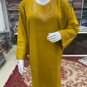 Olive Color Woolen Pheran with Kashmiri Design Tilla Work