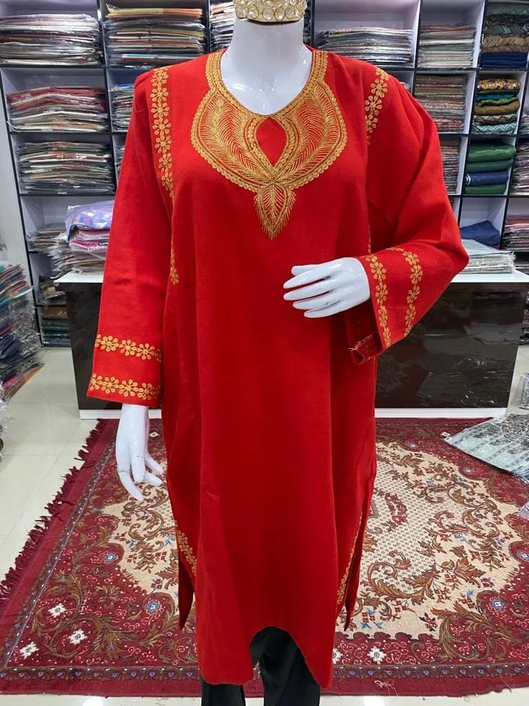 Red Color Woolen Pheran with Kashmiri Design Tilla Work - Image 3