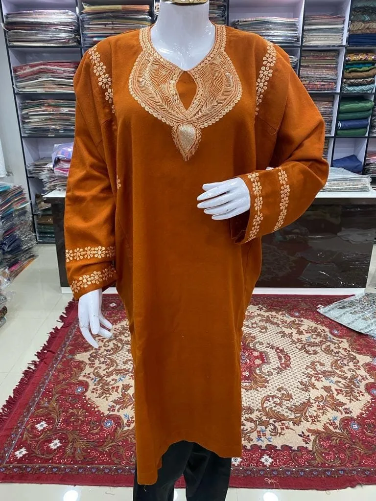 Rust Color Woolen Pheran with Kashmiri Design Tilla Work