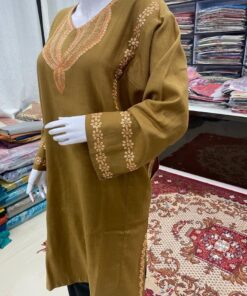 Khaki Color Woolen Pheran with Kashmiri Design Tilla Work