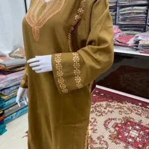 Khaki Color Woolen Pheran with Kashmiri Design Tilla Work