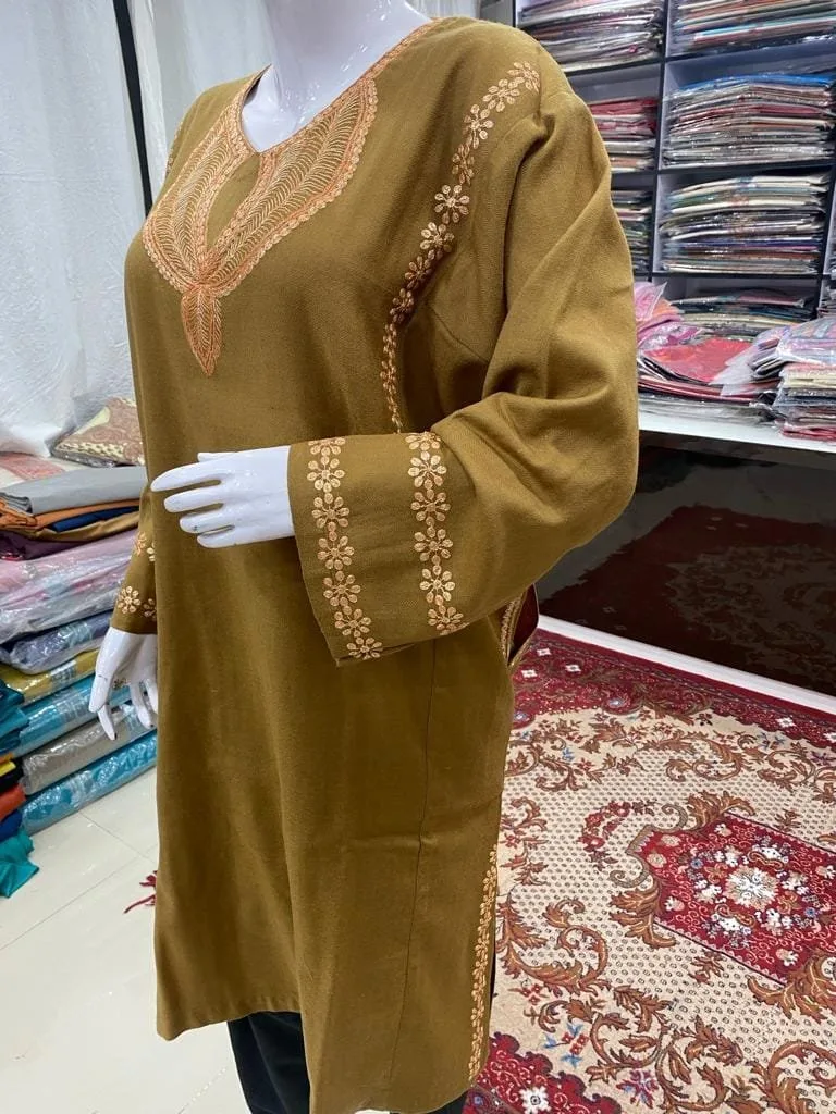 Khaki Color Woolen Pheran with Kashmiri Design Tilla Work