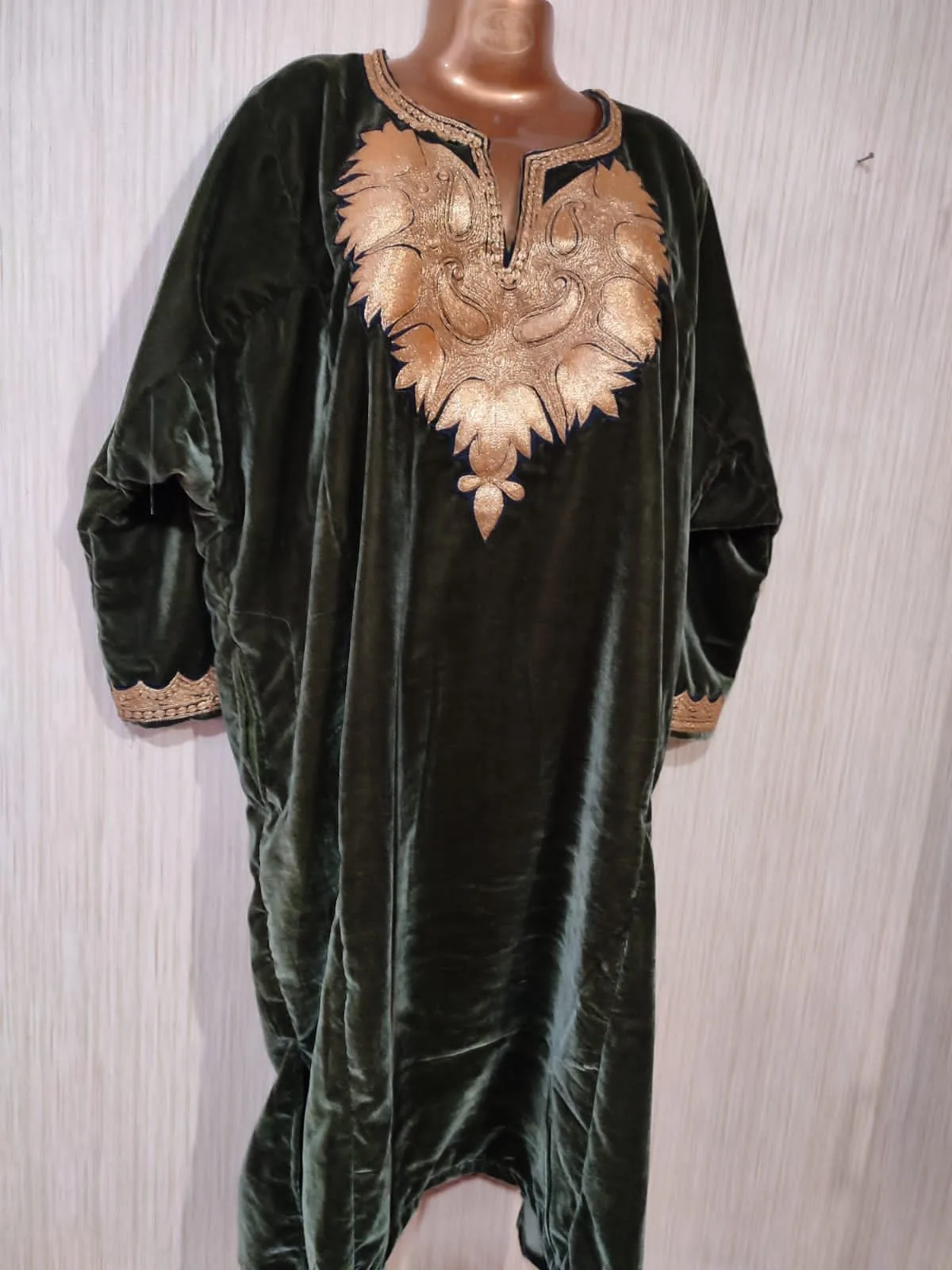 Green Velvet Pheran with Kashmiri Design Tilla Work - Image 8